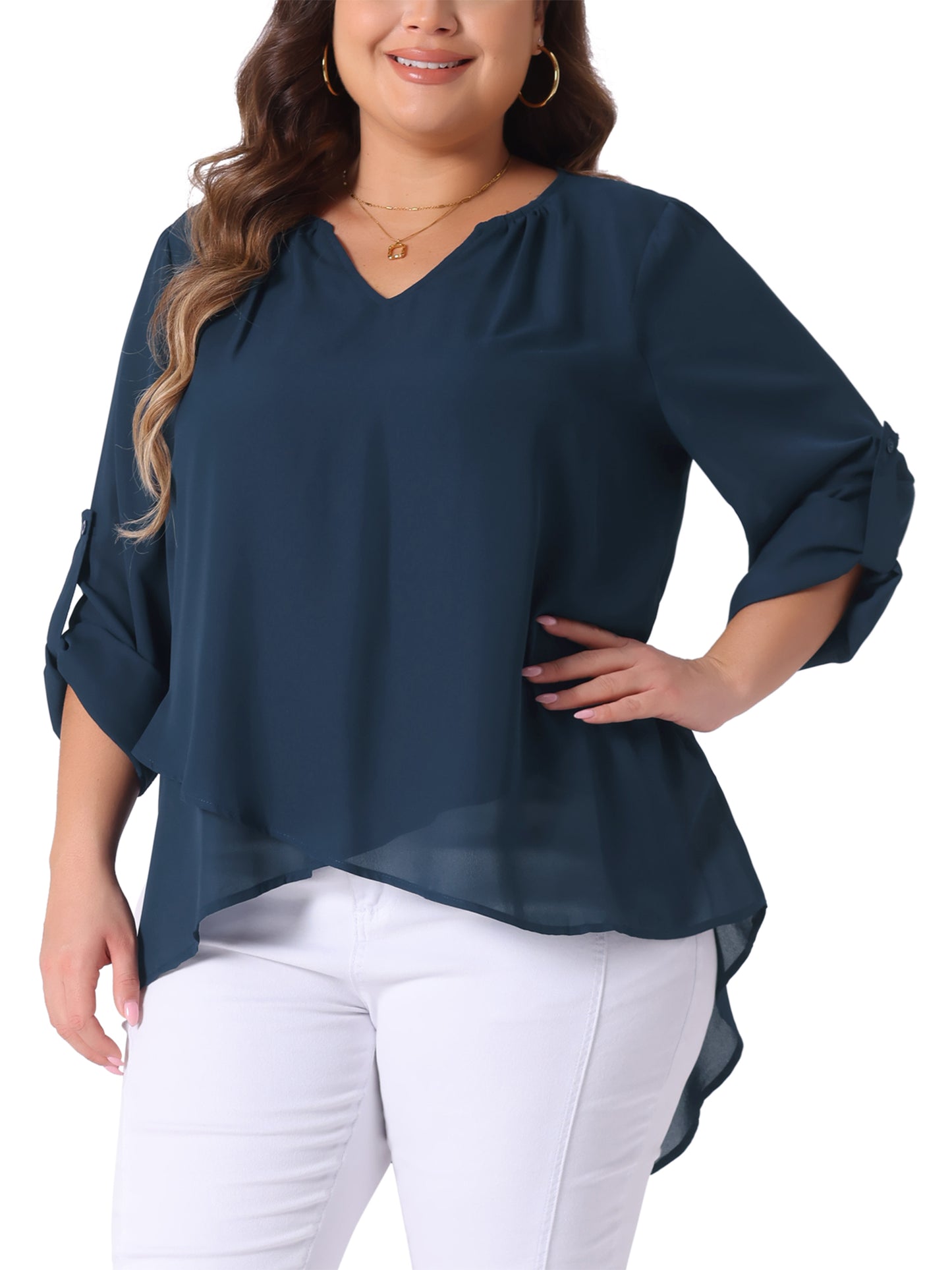 Women Plus Size Top Long Sleeve Notch V Neck High Low Hem Layer Casual Tunic Top