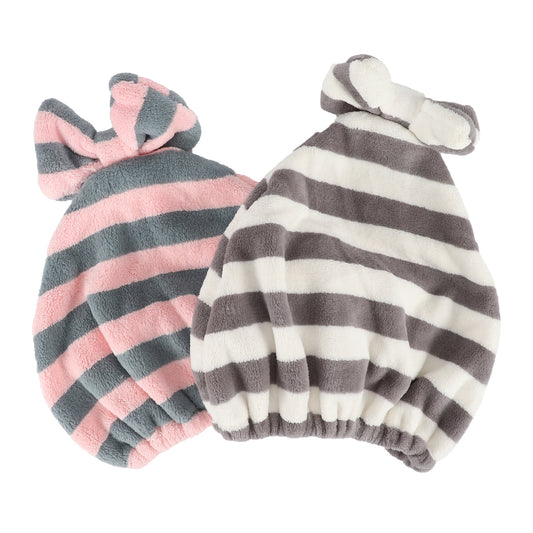2 Pcs Hair Drying Towel, Stripe Absorbent Hair Towel Wrap for Women, Pink Gray White