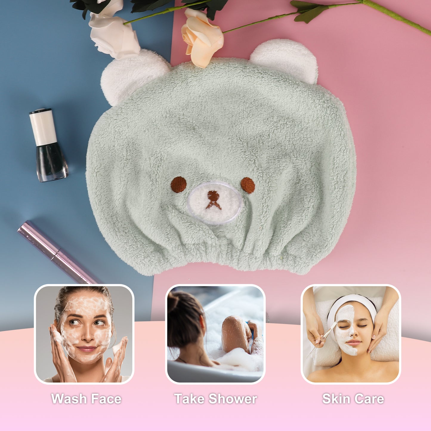 Hair Drying Towel, Bear Hair Towel Quick Drying Wrap for Women Green