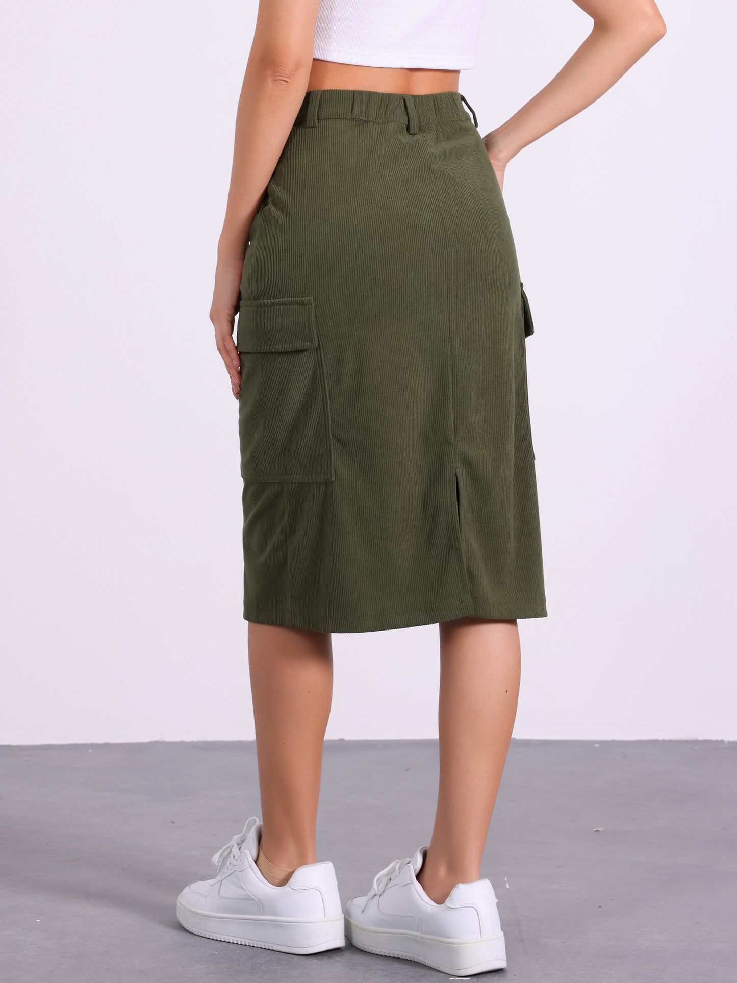 Women's Corduroy Cargo Skirt High Waisted Elastic Back H Line Midi Skirt