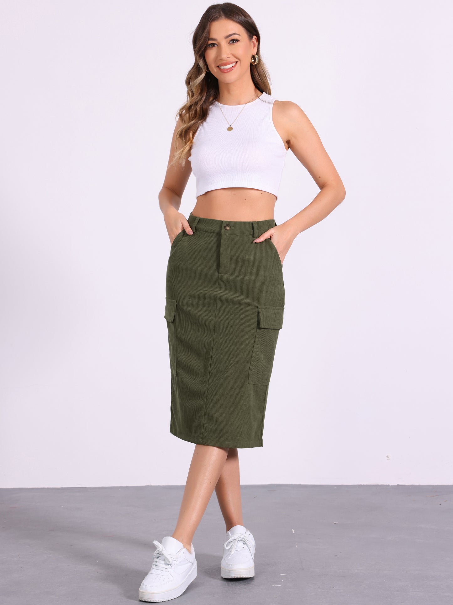 Women's Corduroy Cargo Skirt High Waisted Elastic Back H Line Midi Skirt