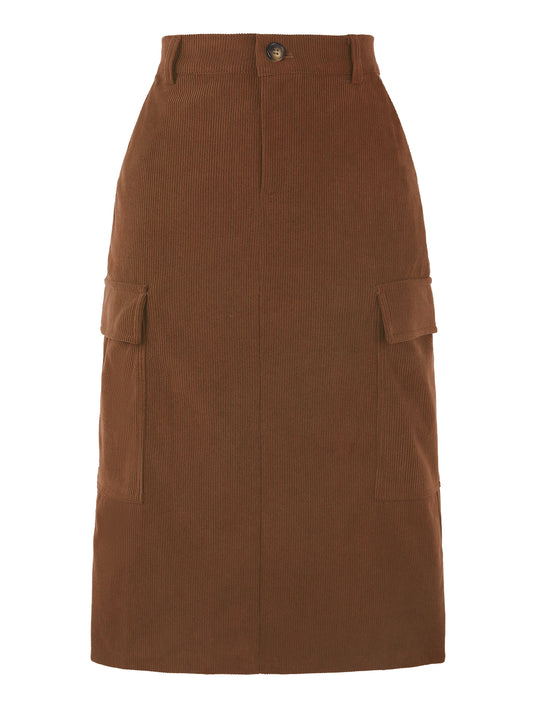 Falda cargo de pana para mujer, cintura alta, espalda elástica, corte en H, midi