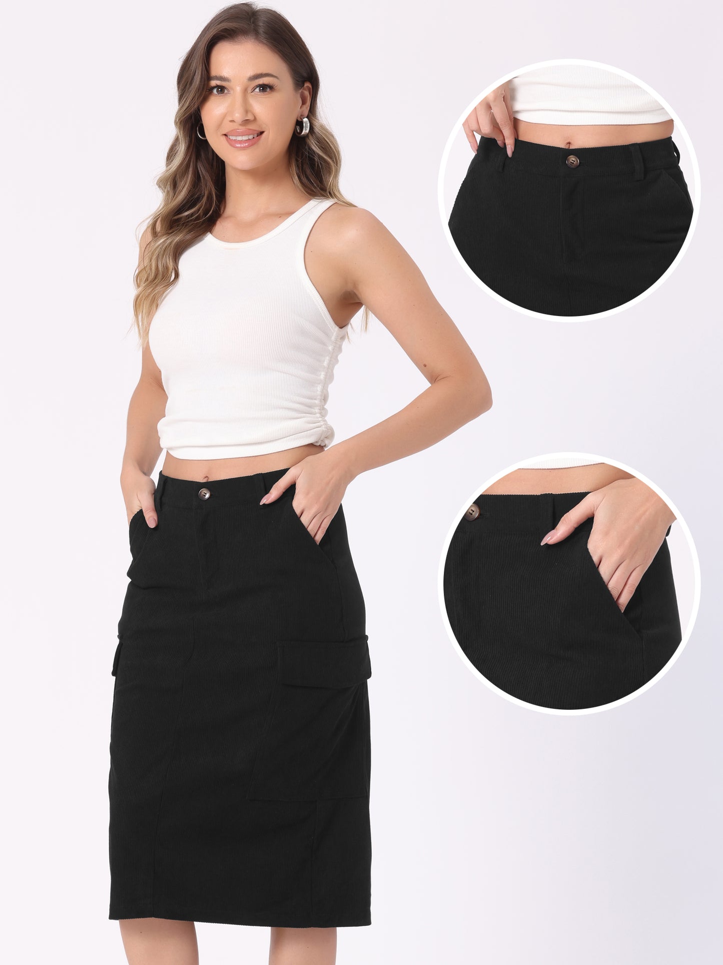 Falda cargo de pana para mujer, cintura alta, espalda elástica, corte en H, midi