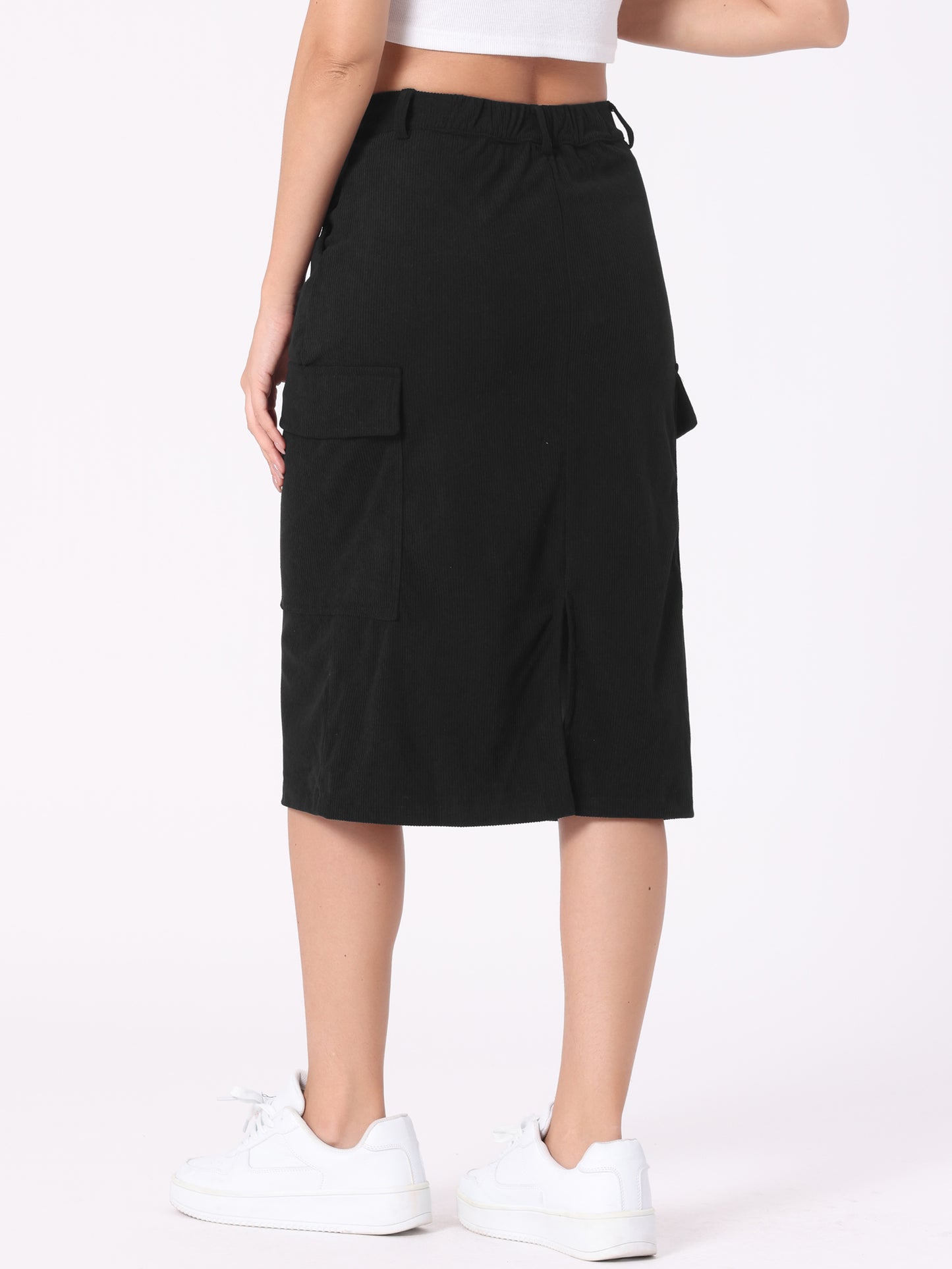 Falda cargo de pana para mujer, cintura alta, espalda elástica, corte en H, midi