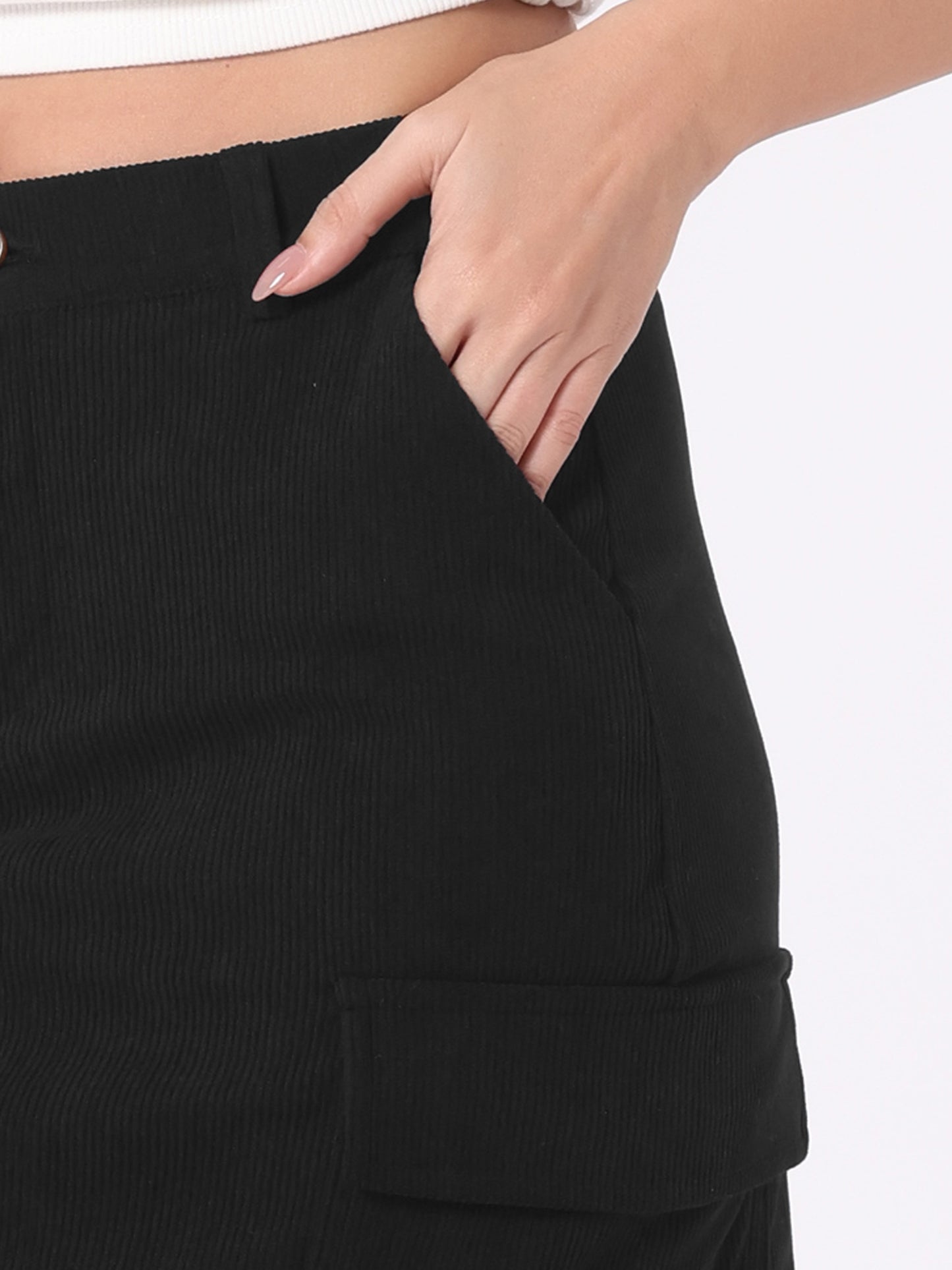 Falda cargo de pana para mujer, cintura alta, espalda elástica, corte en H, midi