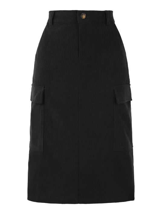 Women's Corduroy Cargo Skirt High Waisted Elastic Back H Line Midi Skirt