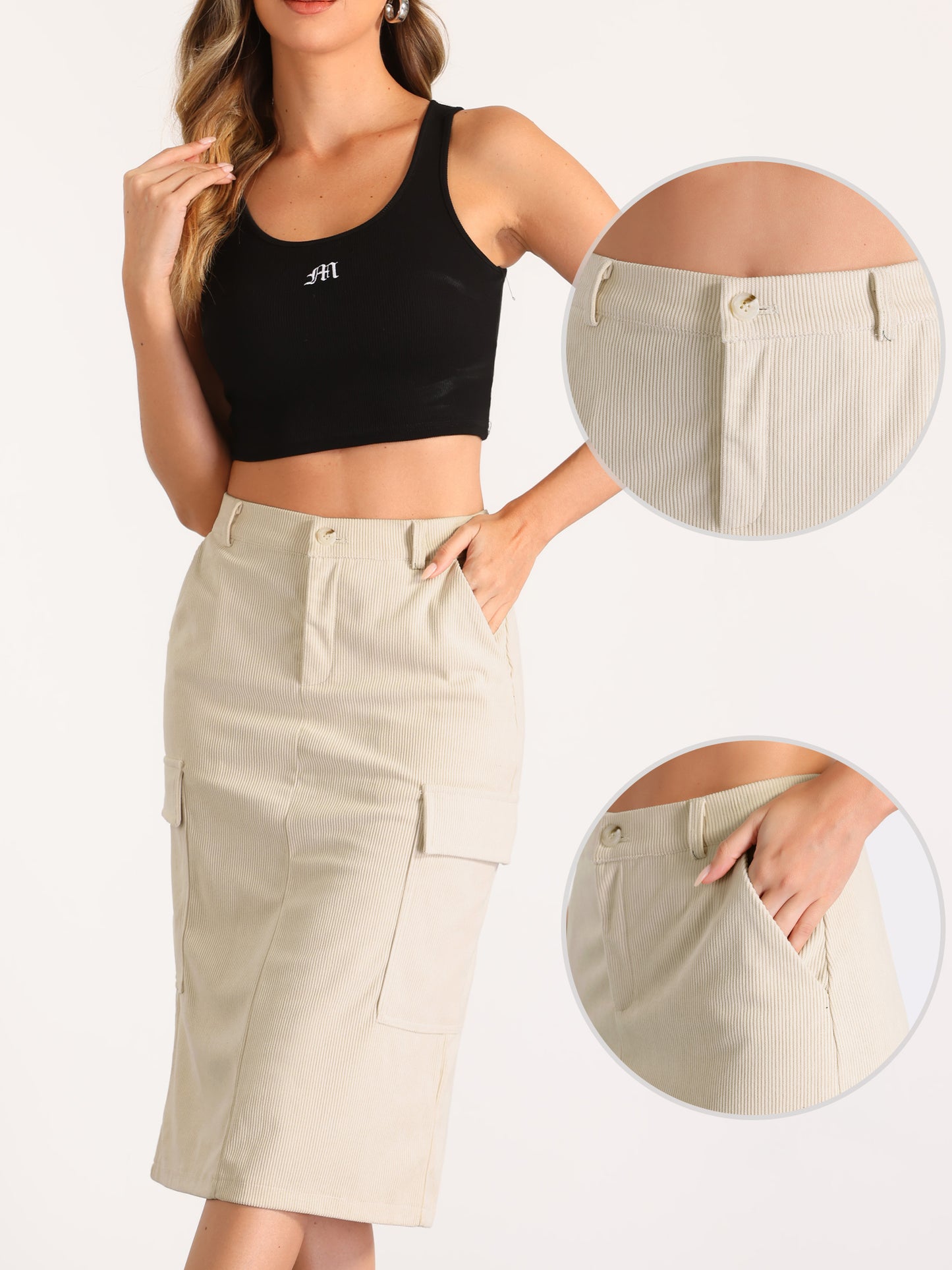Women's Corduroy Cargo Skirt High Waisted Elastic Back H Line Midi Skirt