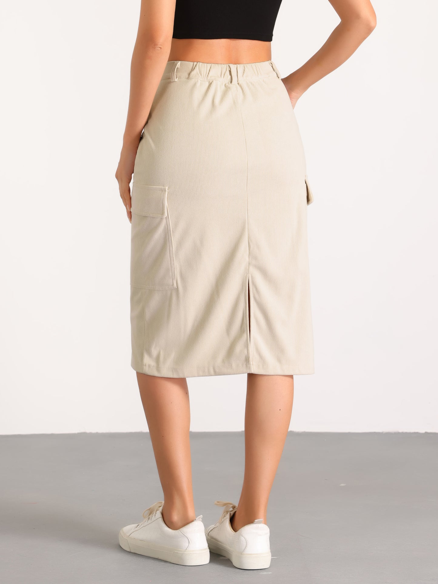 Women's Corduroy Cargo Skirt High Waisted Elastic Back H Line Midi Skirt