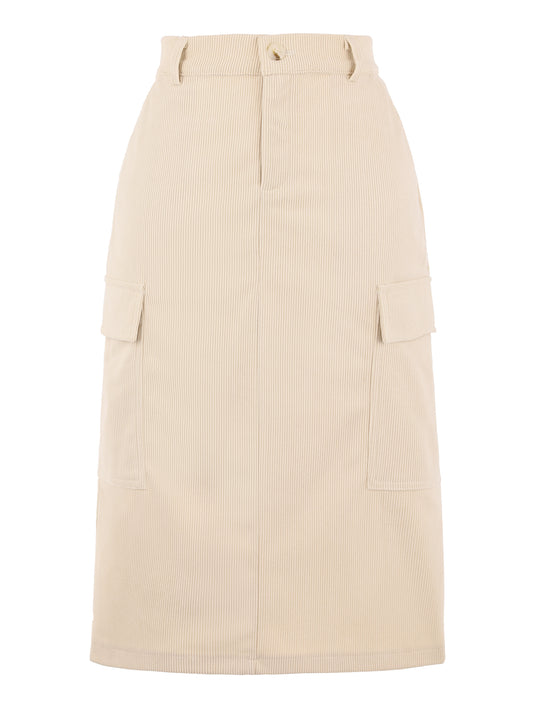 Women's Corduroy Cargo Skirt High Waisted Elastic Back H Line Midi Skirt