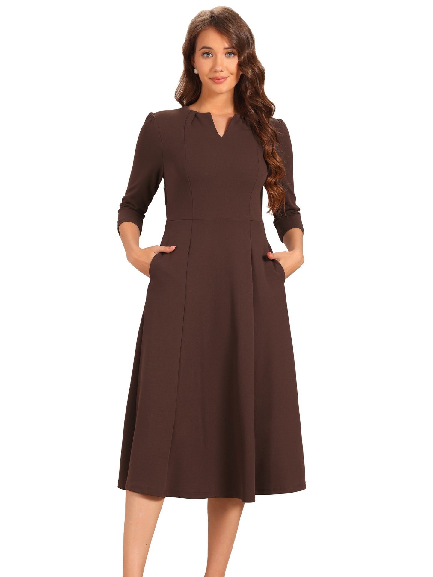 Women's 3/4 Sleeve Dresses V Neck Pockets Elegant Work Business Spring Fall A-Line Midi Dress (Available in Plus Size)