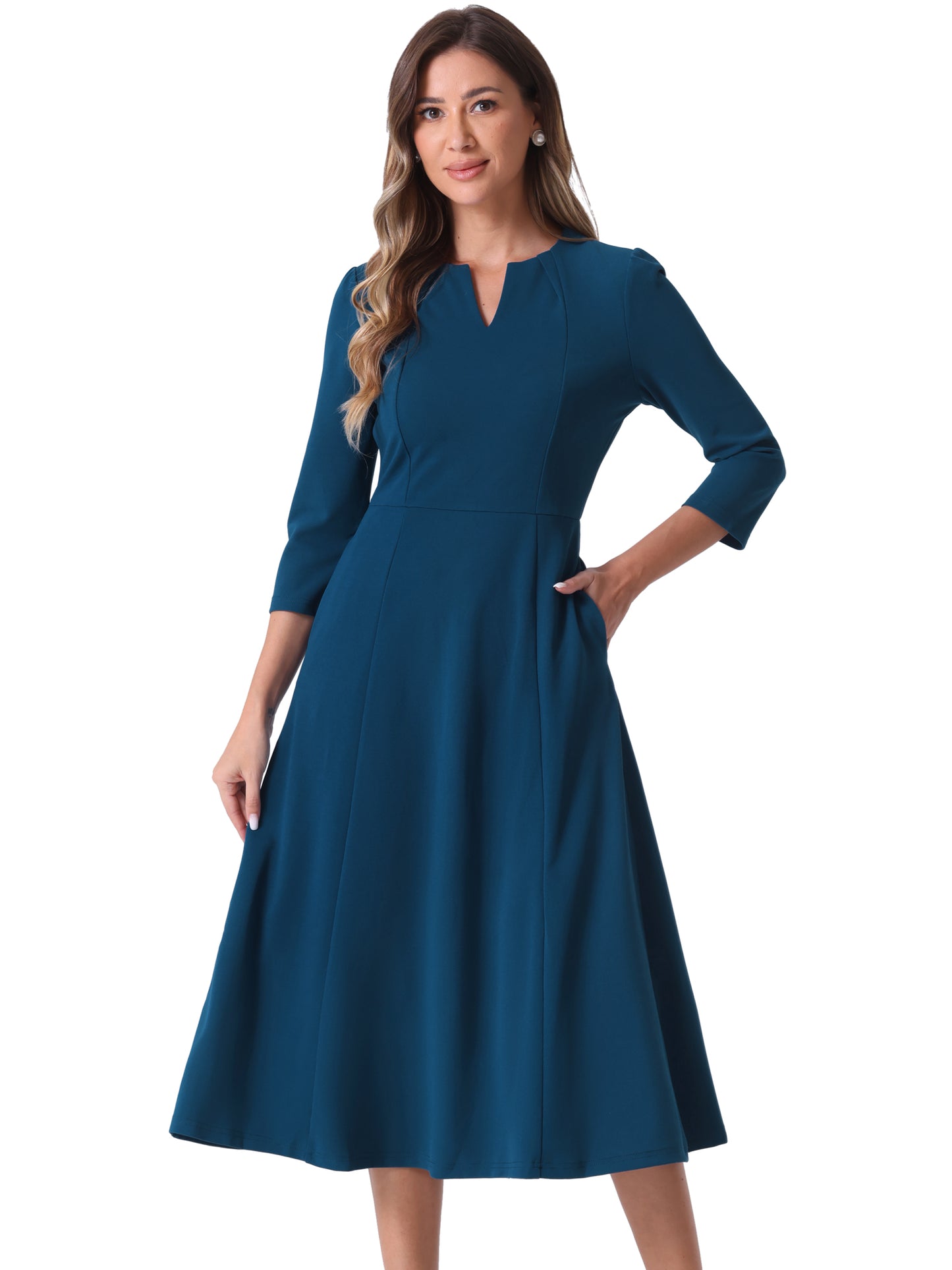 Women's 3/4 Sleeve Dresses V Neck Pockets Elegant Work Business Spring Fall A-Line Midi Dress (Available in Plus Size)