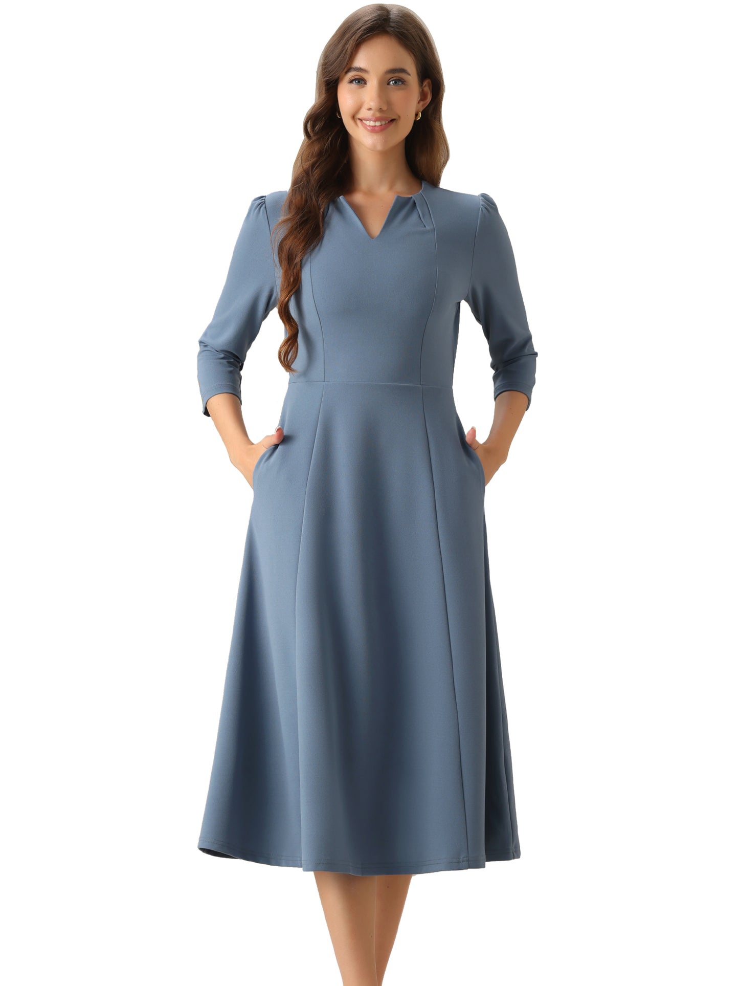 Women's 3/4 Sleeve Dresses V Neck Pockets Elegant Work Business Spring Fall A-Line Midi Dress (Available in Plus Size)