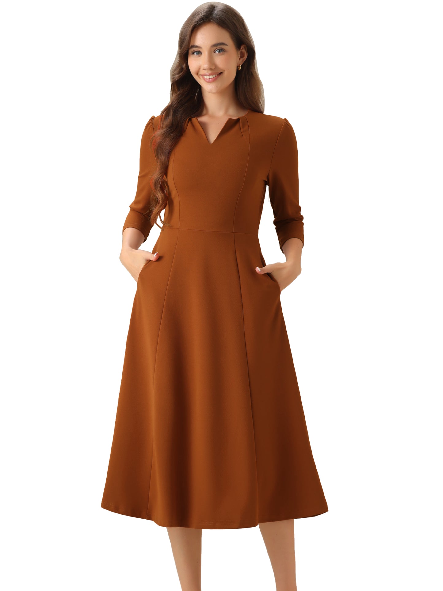 Women's 3/4 Sleeve Dresses V Neck Pockets Elegant Work Business Spring Fall A-Line Midi Dress (Available in Plus Size)