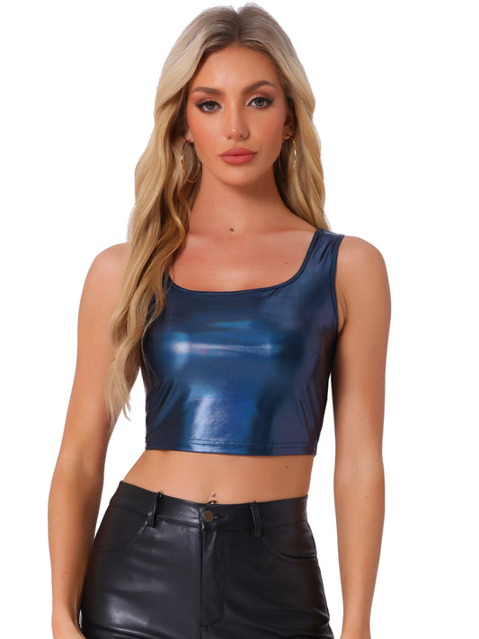 Women's U Neck Sleeveless Party Clubwear Holographic Shiny Metallic Cami Crop Top
