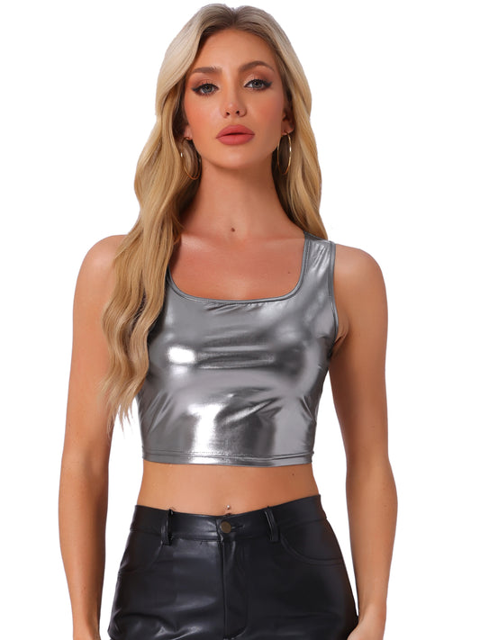 Women's U Neck Sleeveless Party Clubwear Holographic Shiny Metallic Cami Crop Top