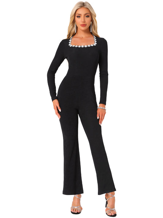 Women's Elegant Jumpsuits Square Neck High Waist Wide Leg Long Pants Jumpsuit