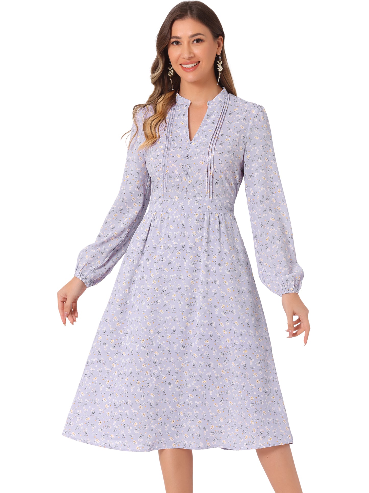 Women's Floral Print V Neck Long Sleeve High Waist Pleated Front Spring Flowy Midi Boho Dress