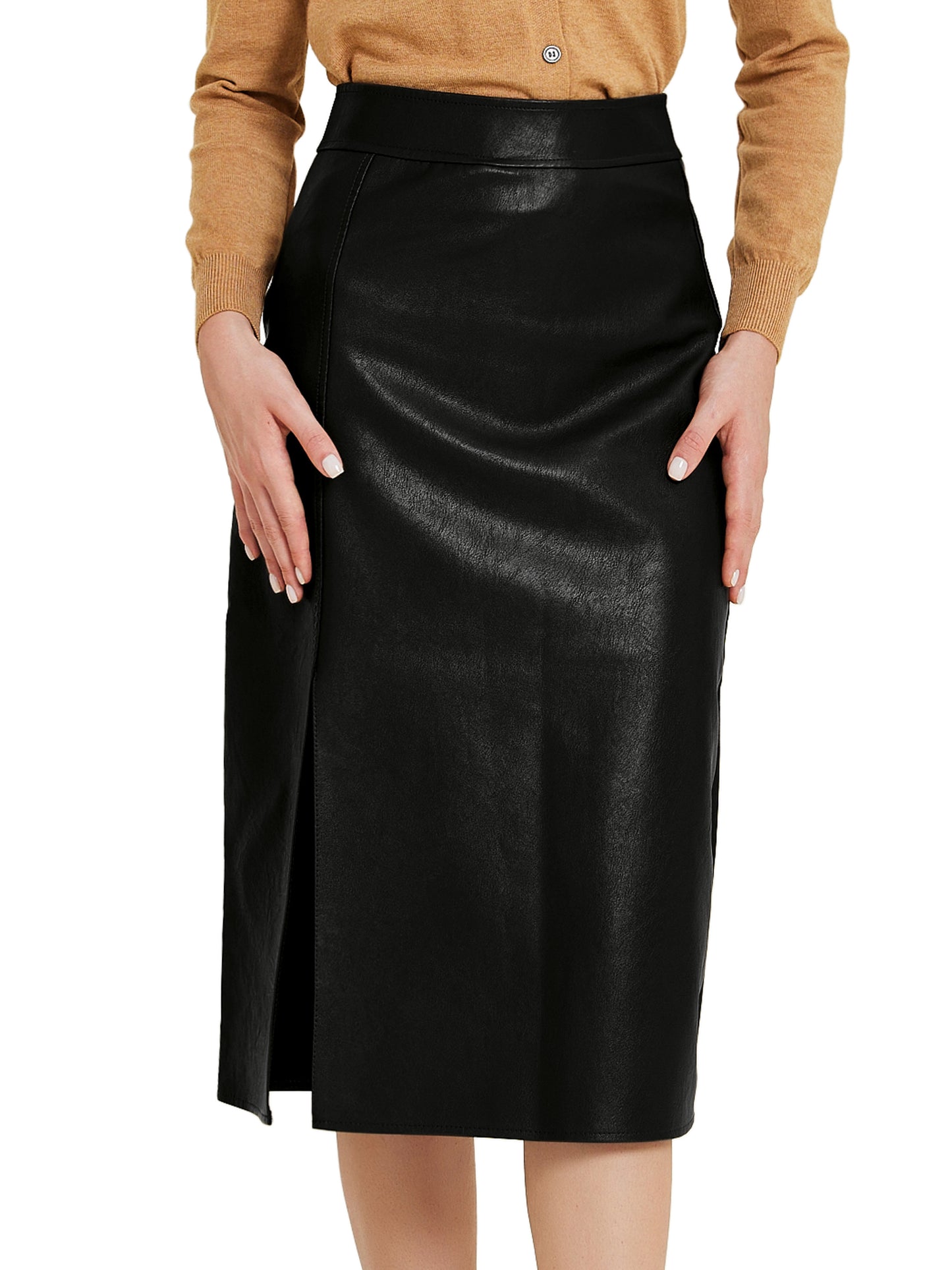 Women's Faux Leather High Waist Side Slit Bodycon Pencil Midi Skirt