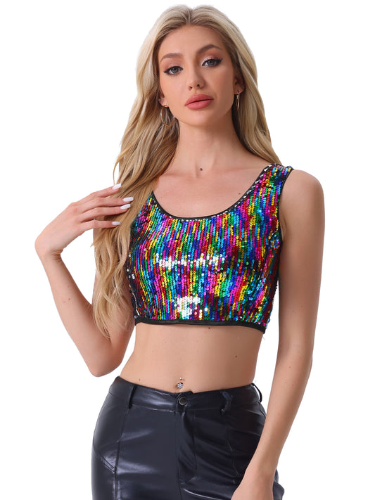Women's Metallic Sequin Crop Top Sparkle Glitter Sleeveless Party Club Tank Top