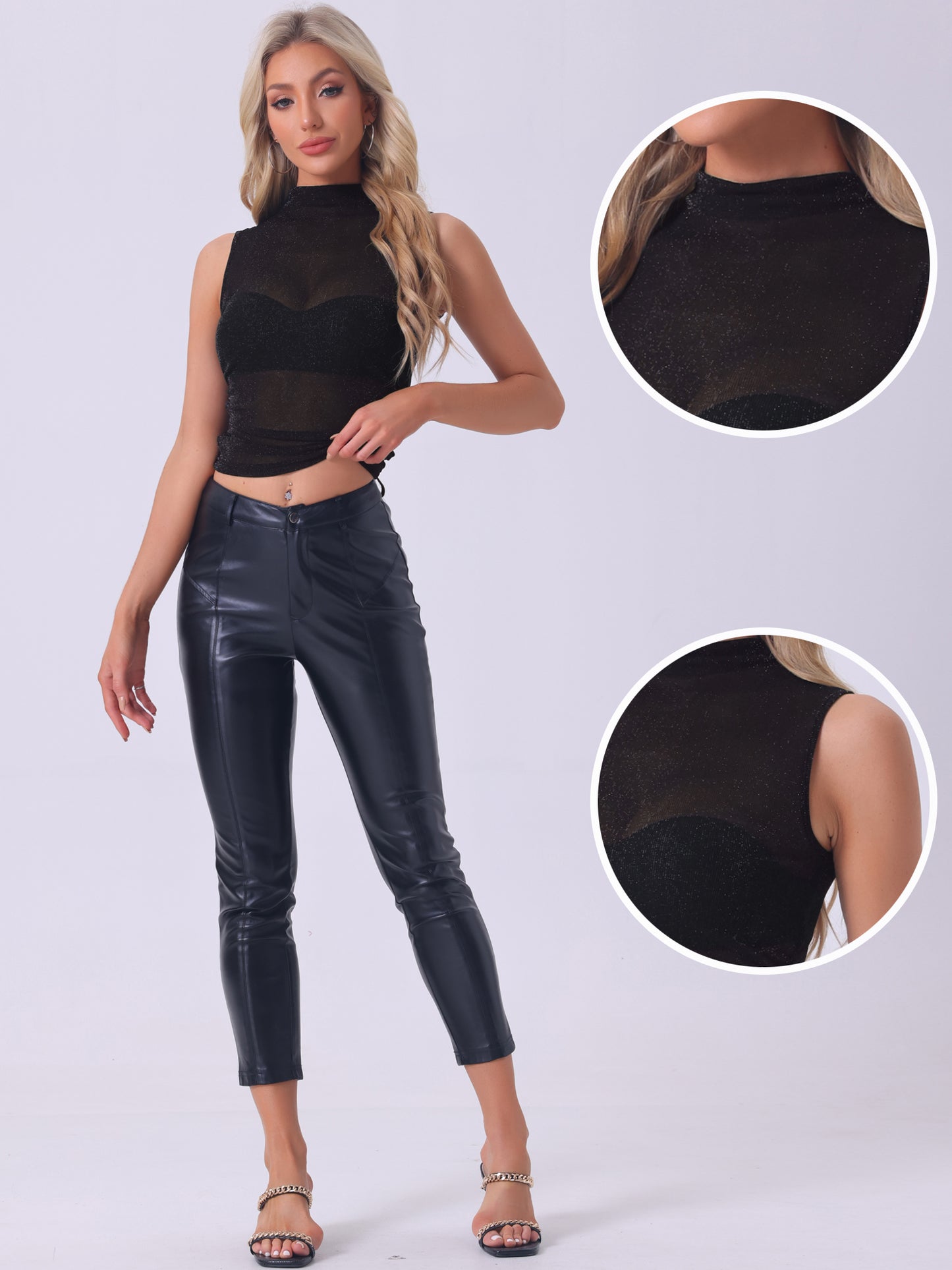 Top de malla sin mangas glamuroso para mujer, top de verano con escote alto fruncido y semitransparente