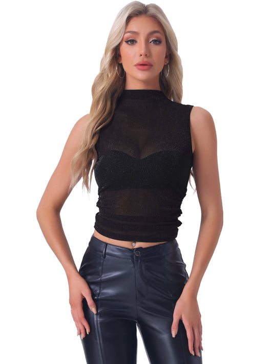 Top de malla sin mangas glamuroso para mujer, top de verano con escote alto fruncido y semitransparente