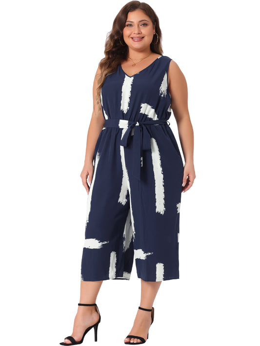 Women Plus Size Jumpsuit Wrap V Neck Sleeveless Tie Waist Jumpsuit Rompers with Pockets