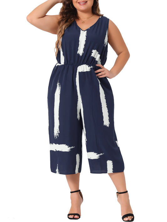 Women Plus Size Jumpsuit Wrap V Neck Sleeveless Tie Waist Jumpsuit Rompers with Pockets