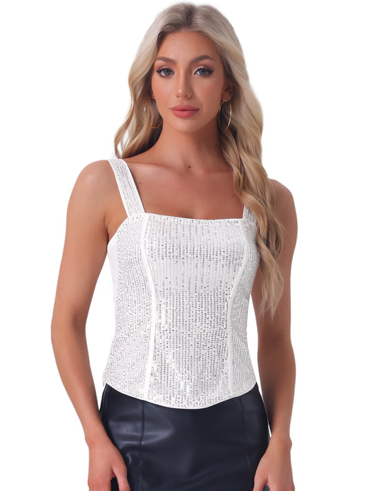 Women's Sequin Tank Tops Sparkly Glitter Sleeveless Camisole Corset Top