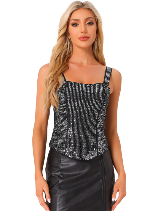 Women's Sequin Tank Tops Sparkly Glitter Sleeveless Camisole Corset Top