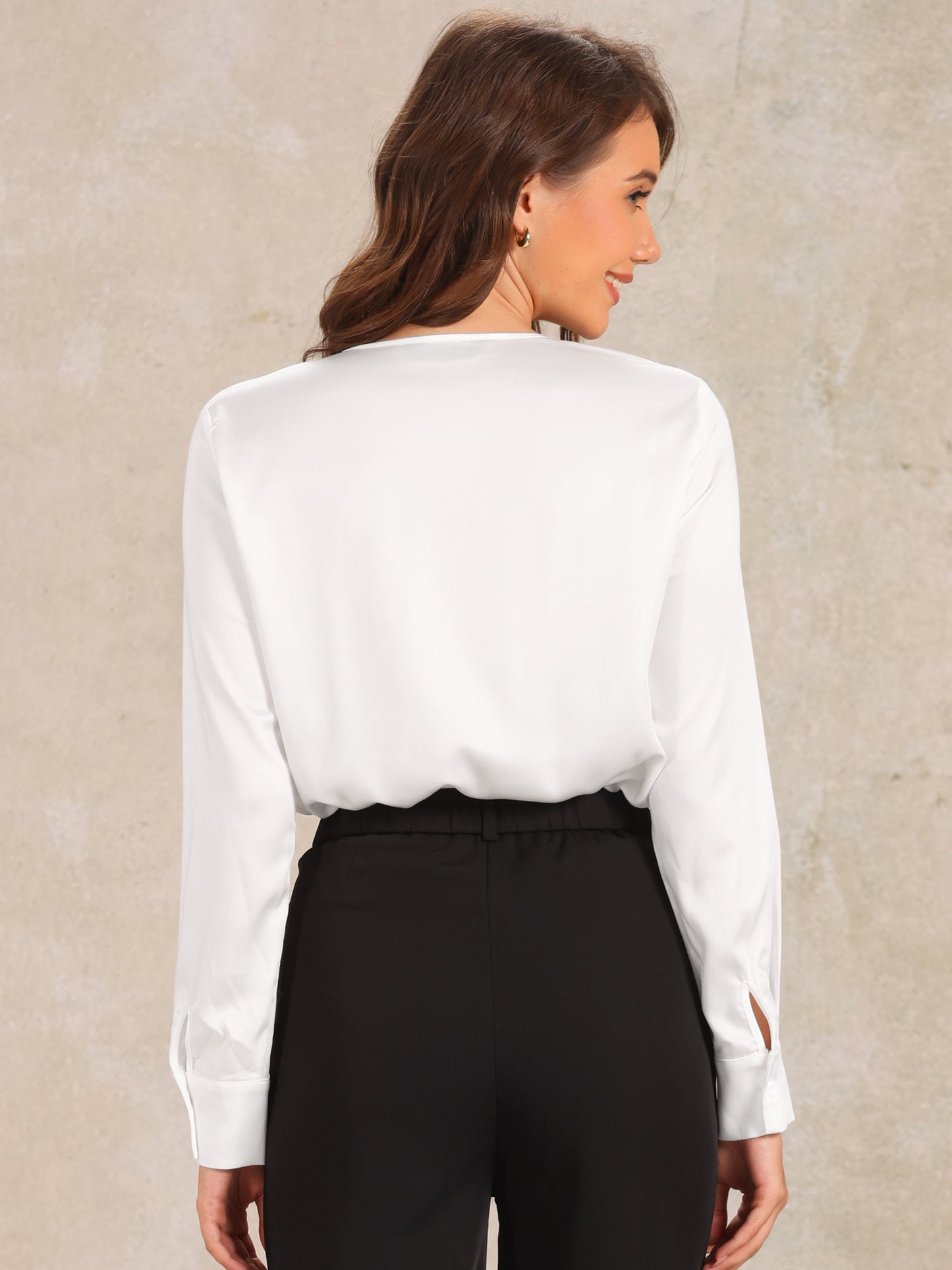 Women's Satin Leotard V Neck Long Sleeve Formal Bodysuit Top Blouse