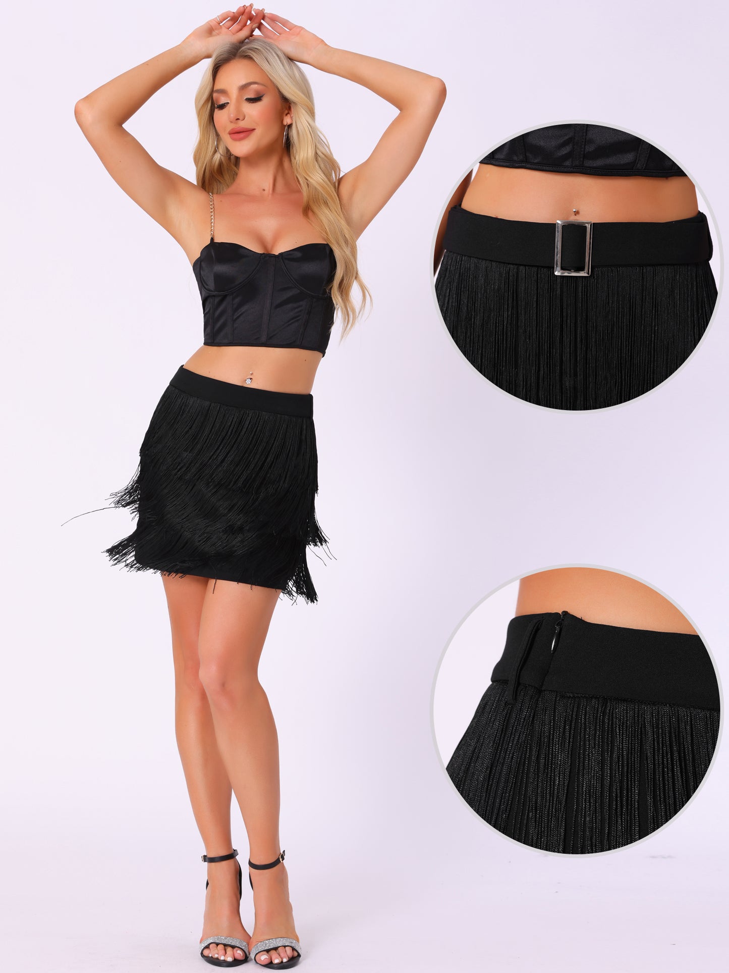 Women's Fringe Trim Skirt High Waist Belted Pencil Mini Skirts