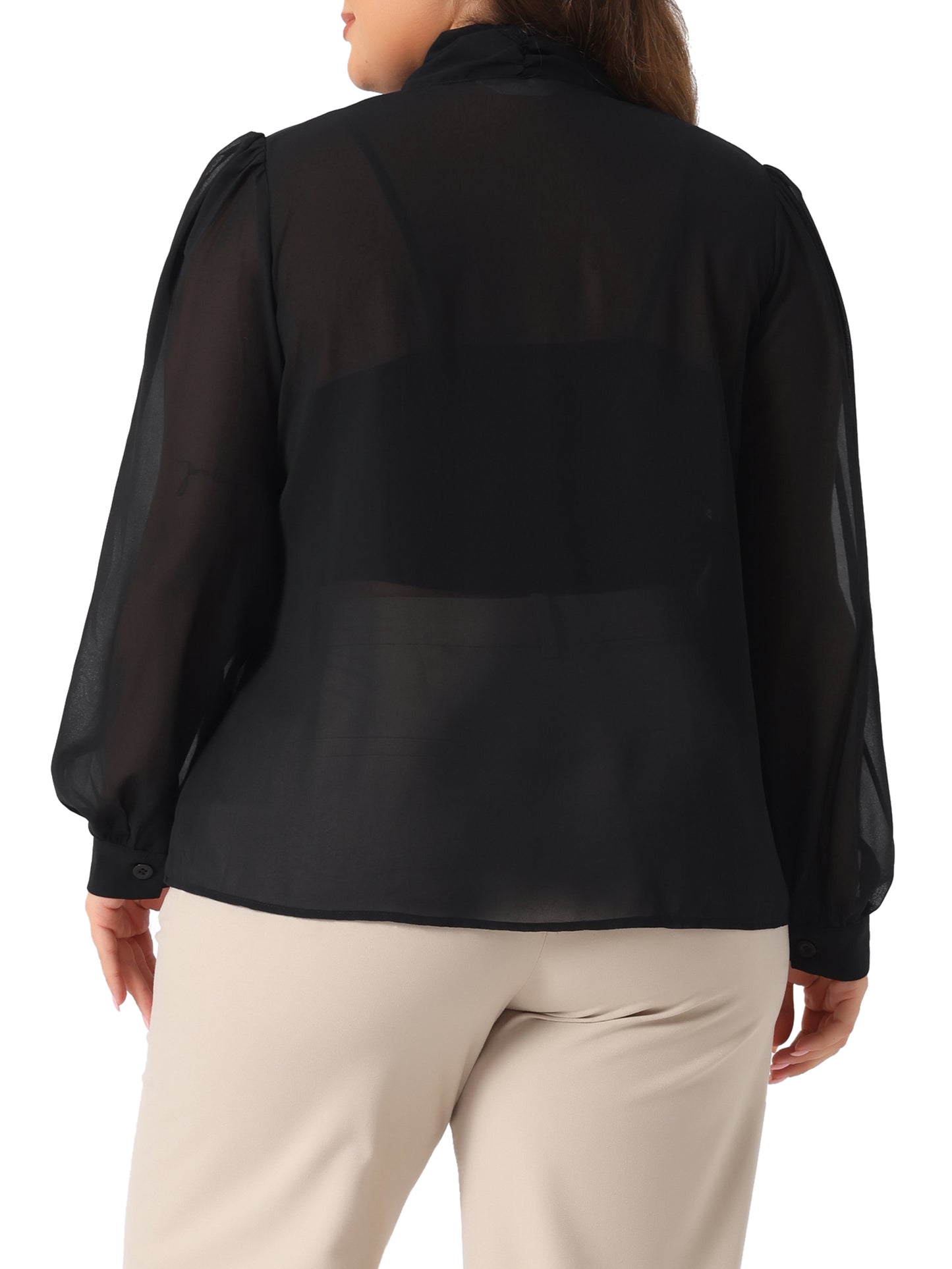 Women's Plus Size Sheer Chiffon Shirt Elegant Bow Tie Neck Long Sleeve Sexy See Through Mesh Blouse