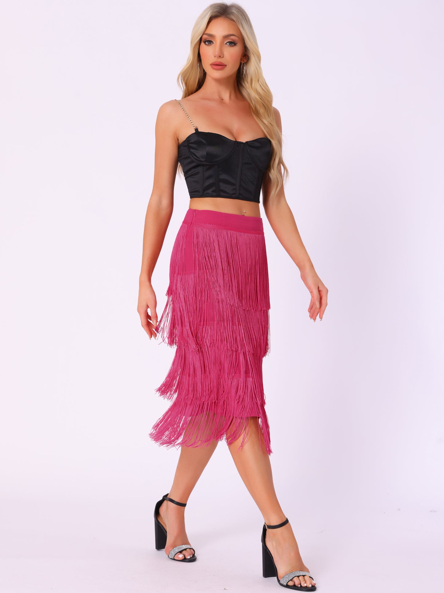 Women's High Waist Bodycon Tiered Pencil Midi Tassel Fringe Skirt