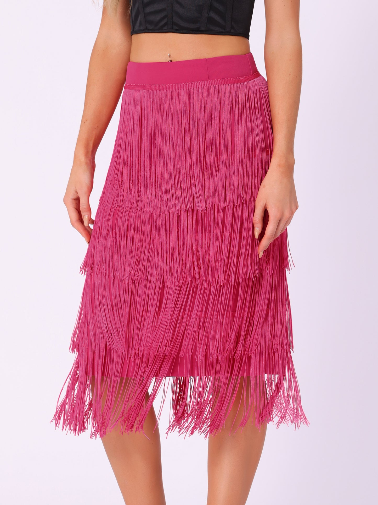 Women's High Waist Bodycon Tiered Pencil Midi Tassel Fringe Skirt