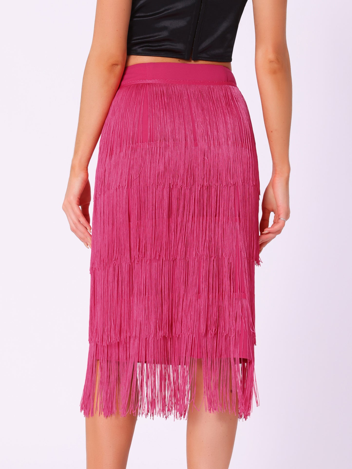 Women's High Waist Bodycon Tiered Pencil Midi Tassel Fringe Skirt