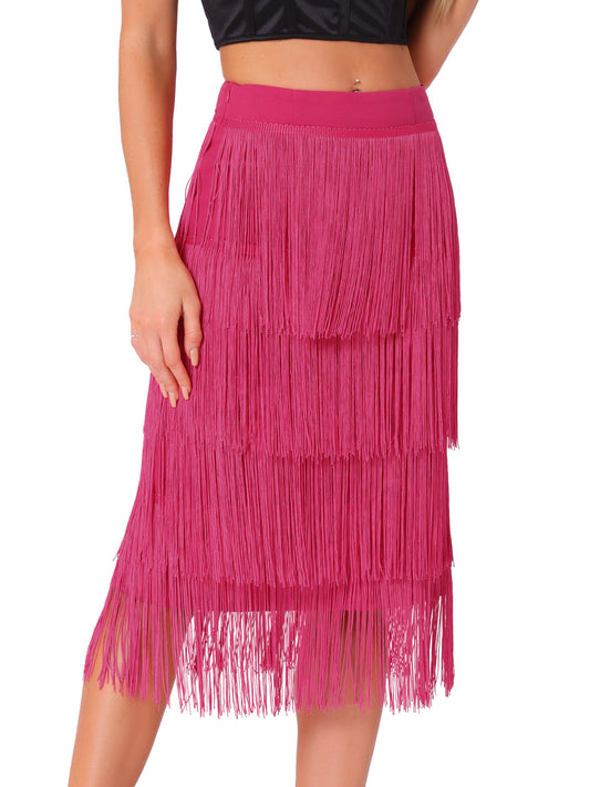 Women's High Waist Bodycon Tiered Pencil Midi Tassel Fringe Skirt