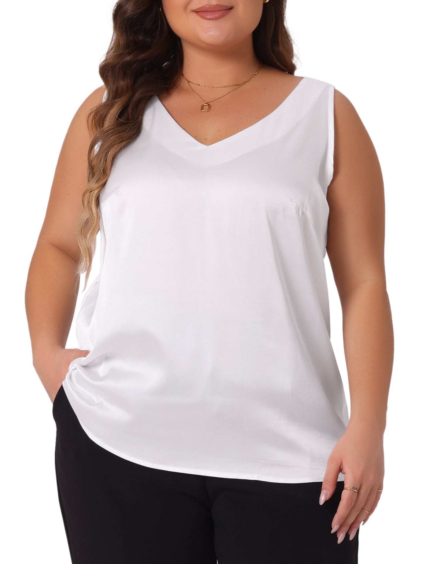 Women Plus Size Satin Tank Tops V Neck Casual Sleeveless Summer Basic Tank