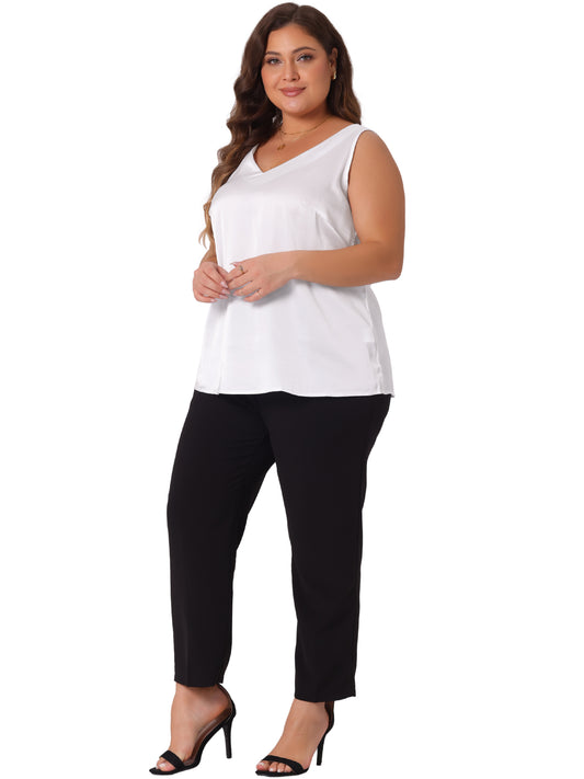 Women Plus Size Satin Tank Tops V Neck Casual Sleeveless Summer Basic Tank