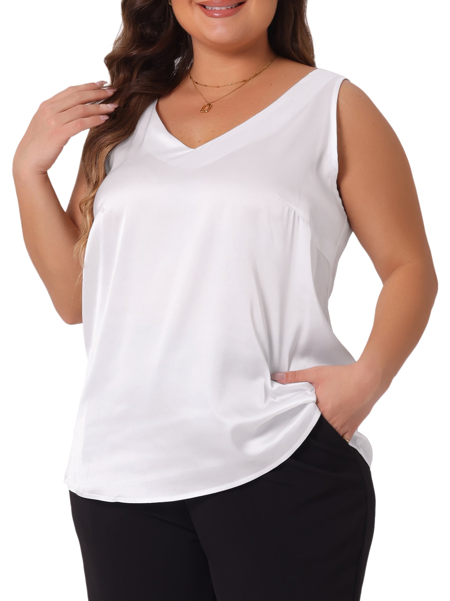 Women Plus Size Satin Tank Tops V Neck Casual Sleeveless Summer Basic Tank
