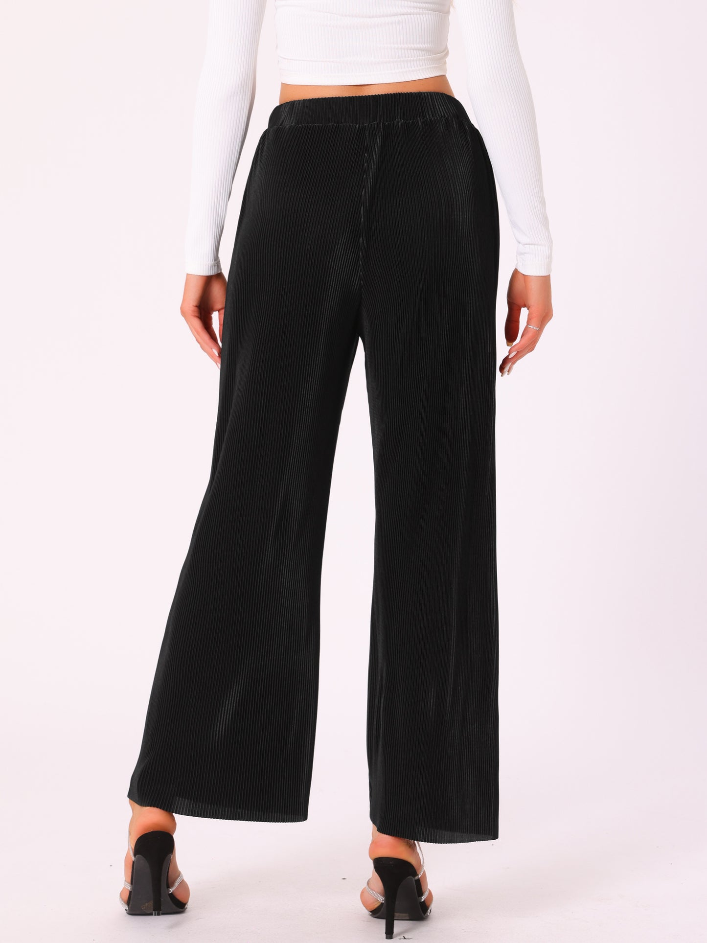 Women Shiny High Waist Elastic Pleated Wide Leg Pants Trousers