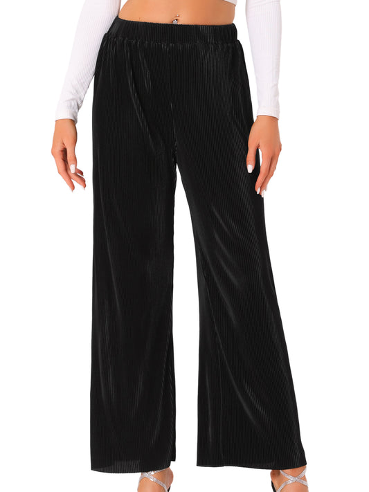 Pantalones anchos plisados ​​elásticos de cintura alta y brillantes para mujer