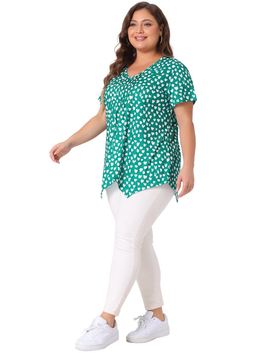 Women Plus Size Blouses Asymmetric V Neck Pintuck Short Sleeve Polka Dots Top