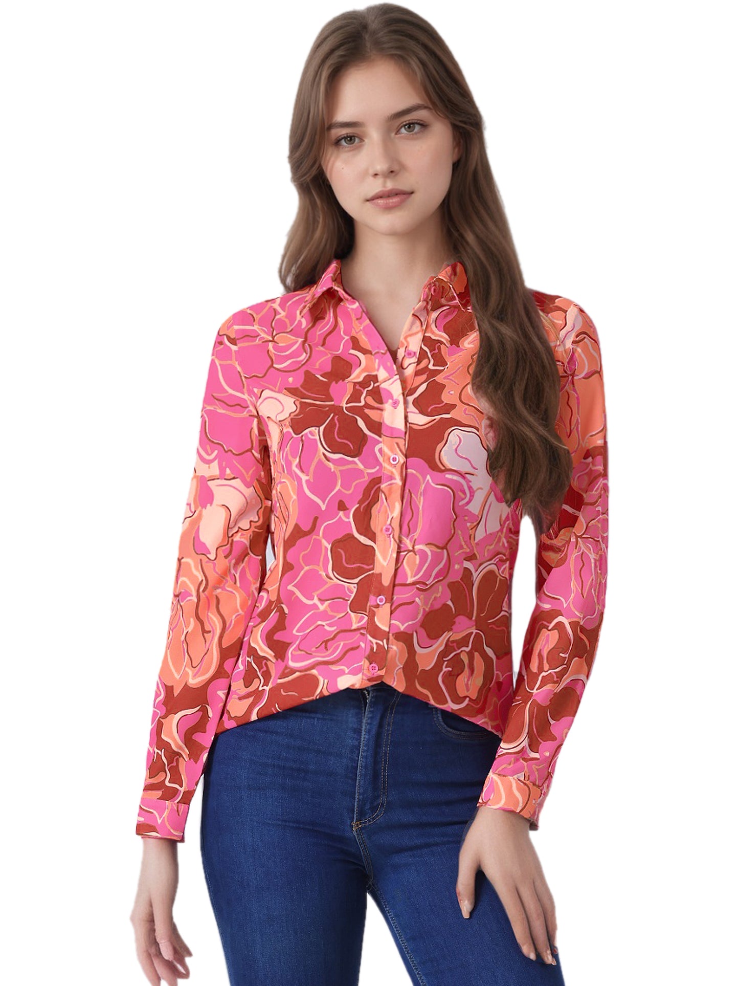 Women's Long Sleeve Button Down Ditsy Floral Shirt (Available in Plus Size)