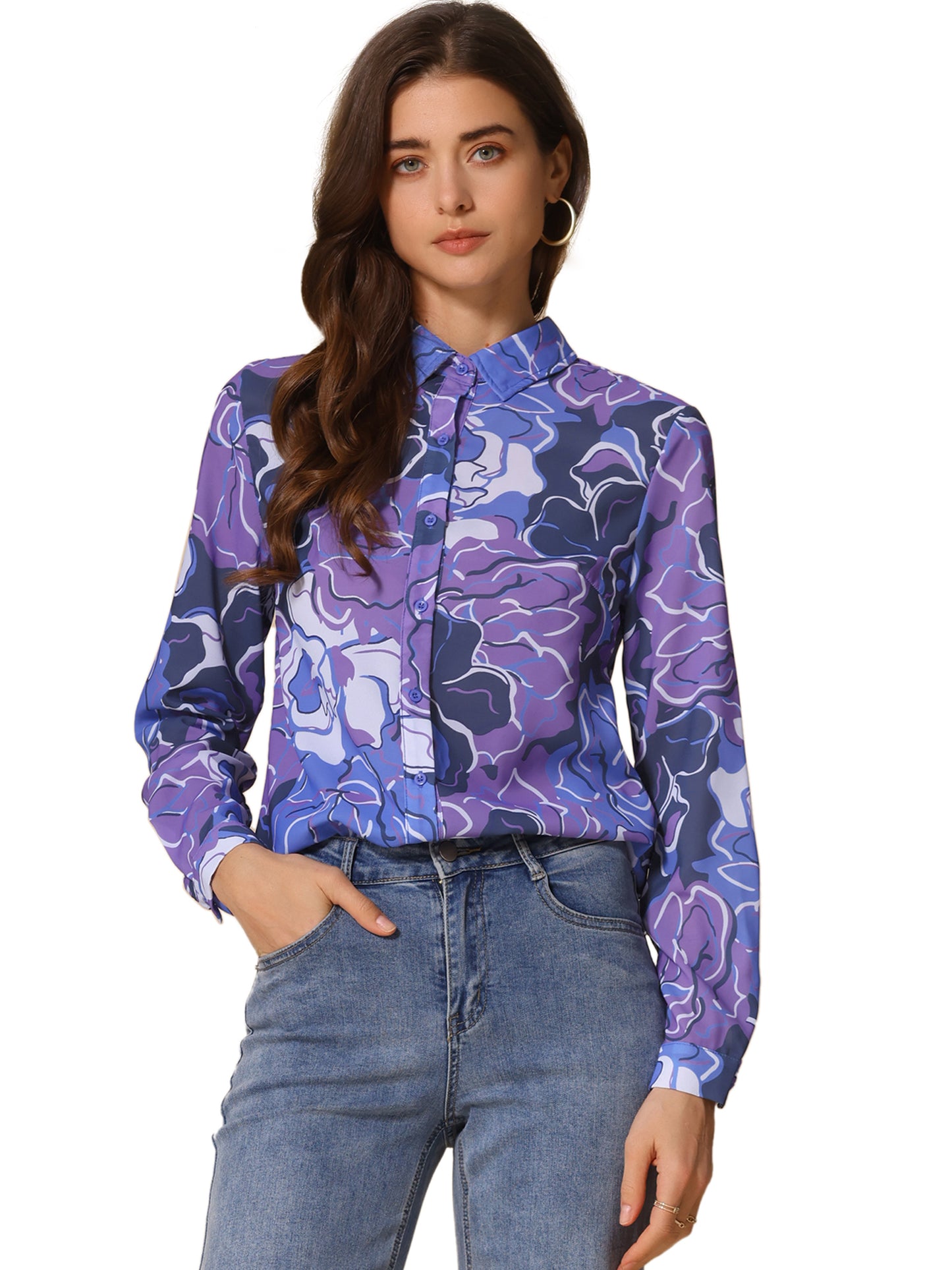 Women's Long Sleeve Button Down Ditsy Floral Shirt (Available in Plus Size)
