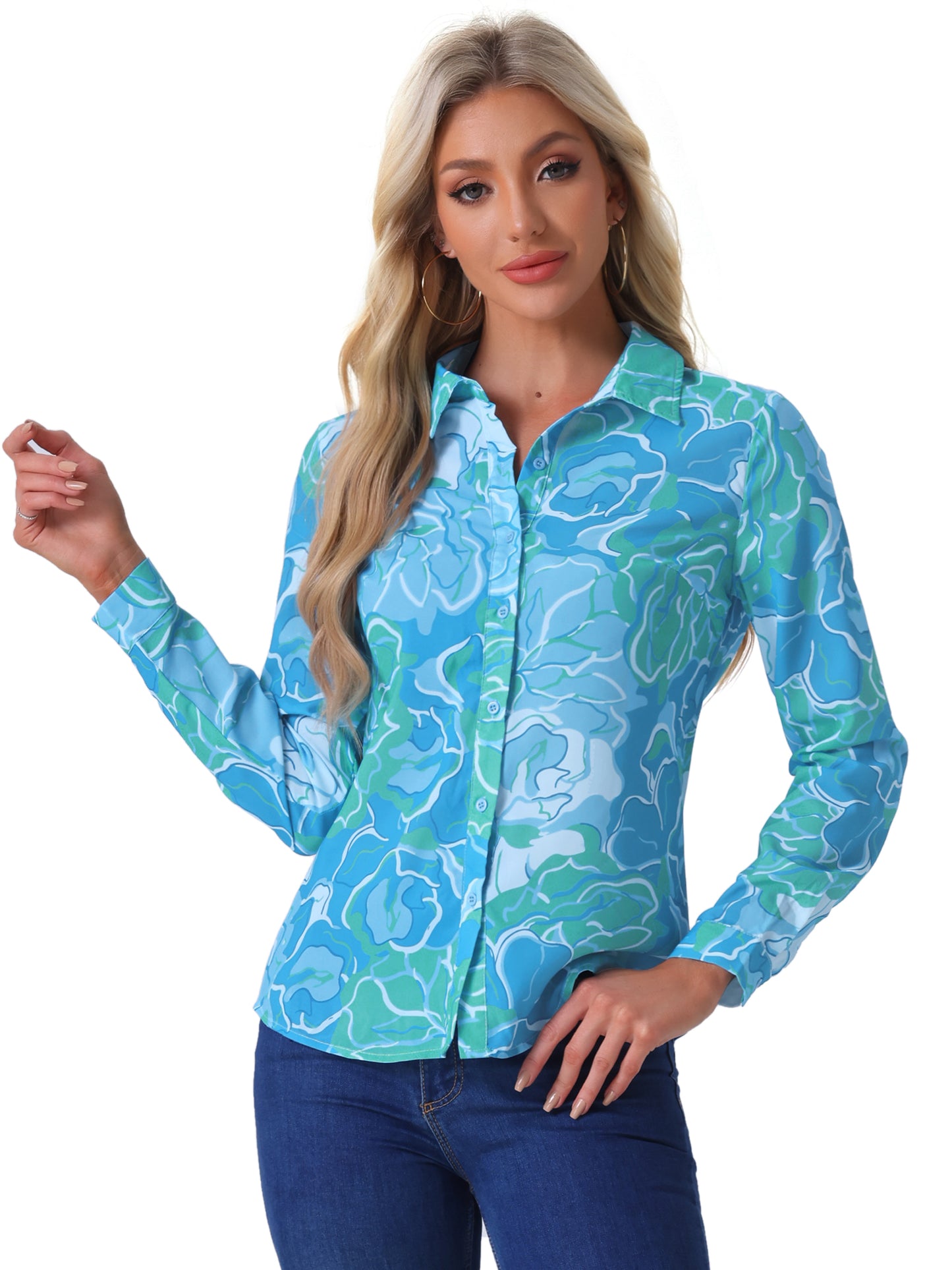Women's Long Sleeve Button Down Ditsy Floral Shirt (Available in Plus Size)