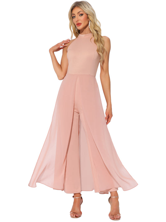 Women's Summer Sleeveless Halter Neck Wedding Chiffon Wide Leg Dressy Elegant Jumpsuit