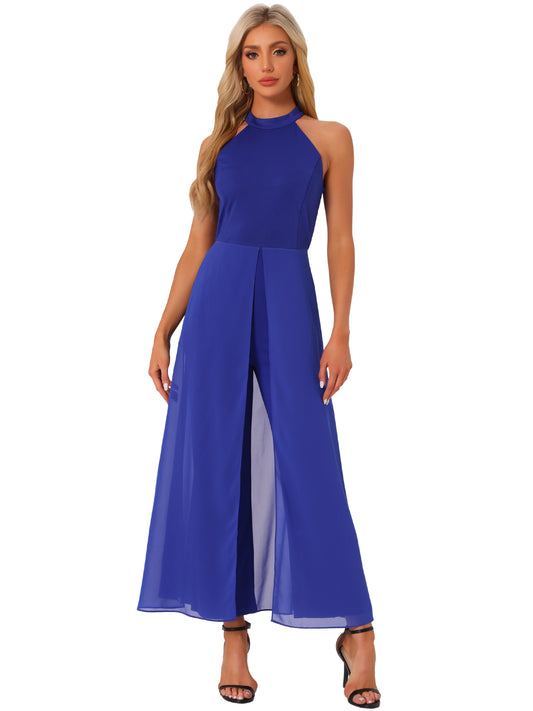 Women's Summer Sleeveless Halter Neck Wedding Chiffon Wide Leg Dressy Elegant Jumpsuit