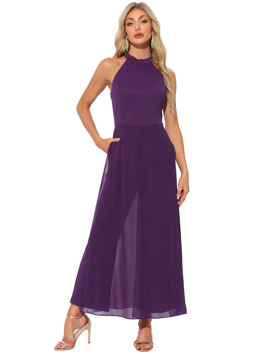 Women's Summer Sleeveless Halter Neck Wedding Chiffon Wide Leg Dressy Elegant Jumpsuit