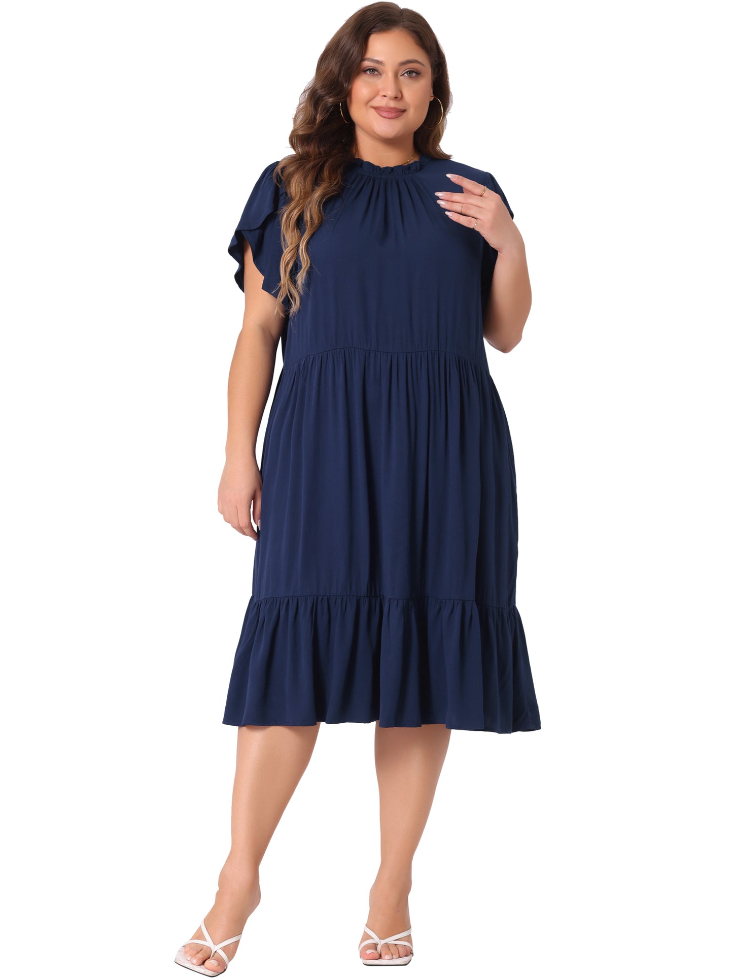 Women's Plus Size Dress Tie Back Petal Sleeve Mock Neck Ruffle Hem A-Line Swing Midi Dresses