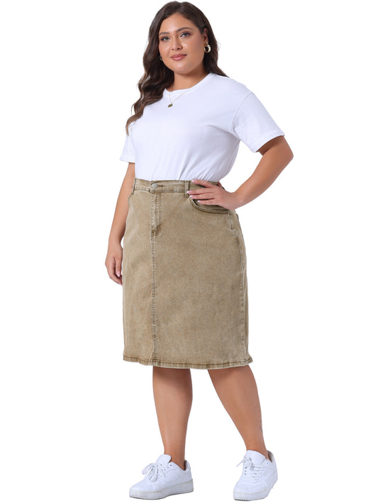 Women Plus Size Jean Skirt Classic Basic 4-Pocket Denim Pencil Skirt with Slit